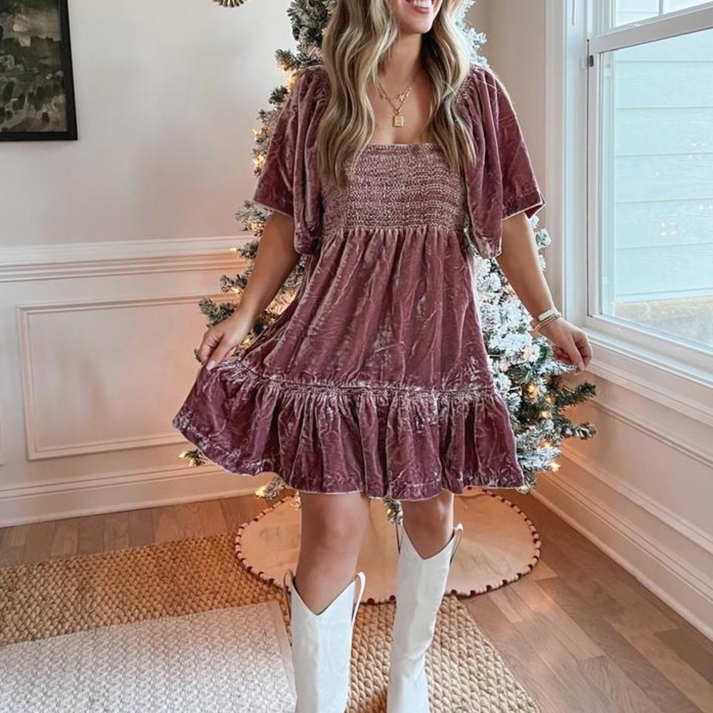 Free People Velvet Smocked Babydoll Dress in Mauve